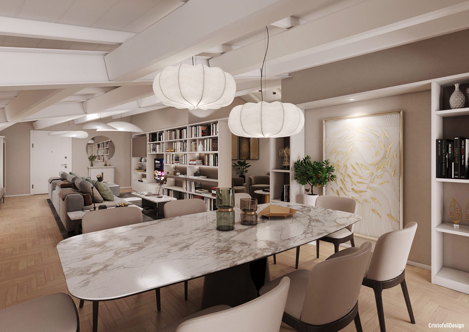 Attico A10 — zona pranzo, render