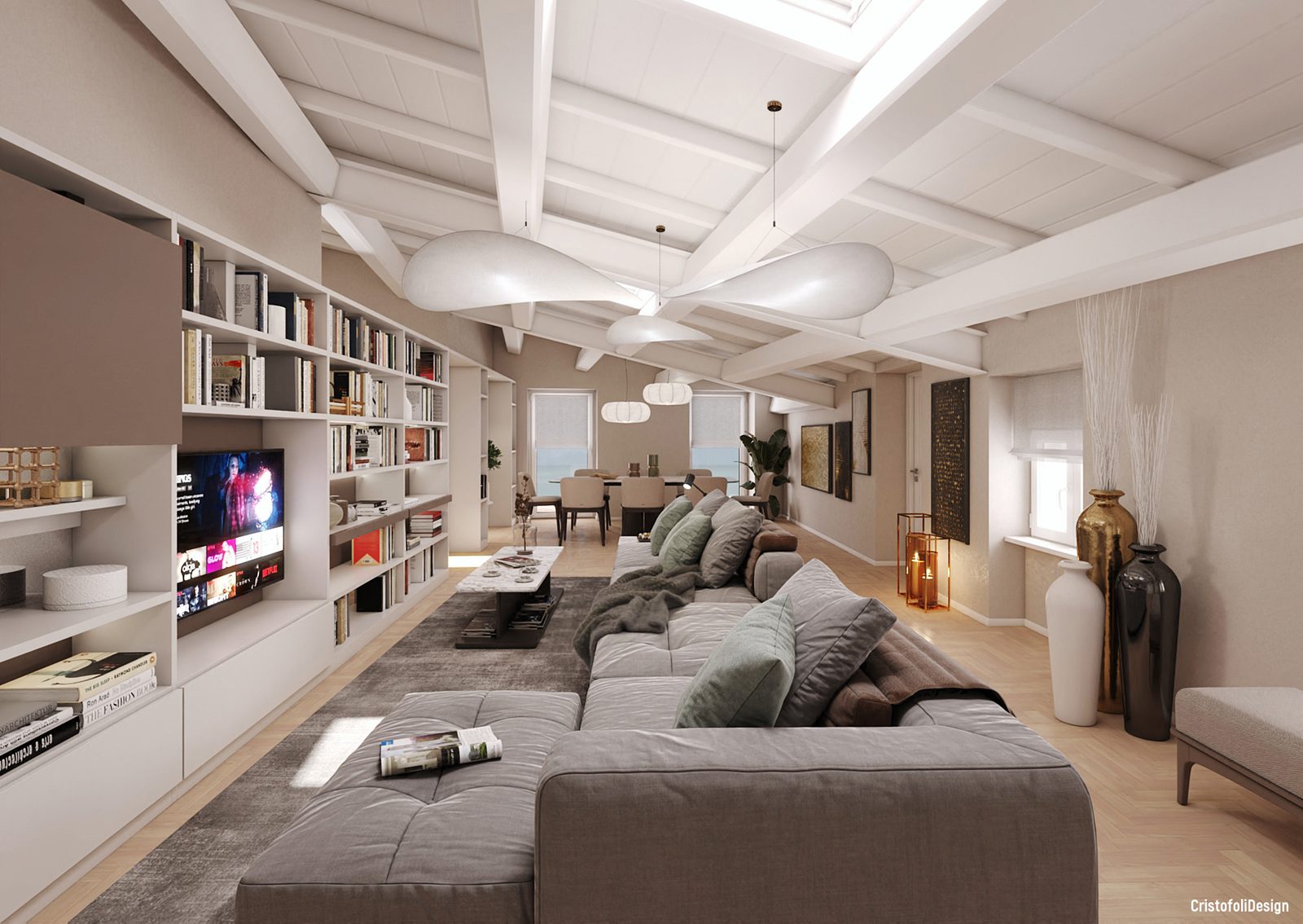 Attico A10 — rendering soggiorno con travi a vista